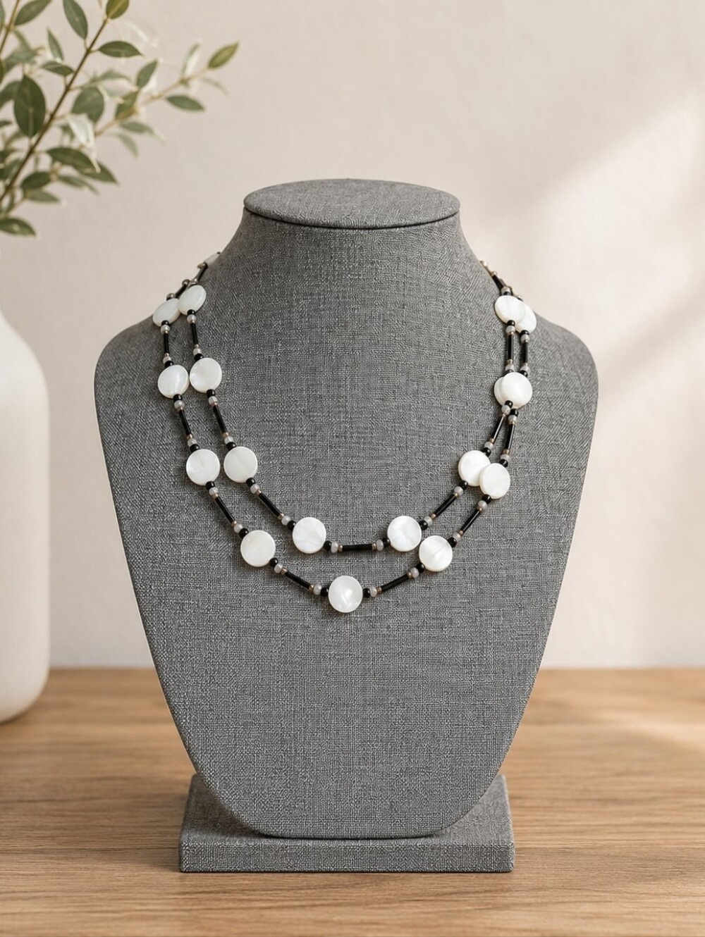 Elegant White and Black Beaded Shell Necklace